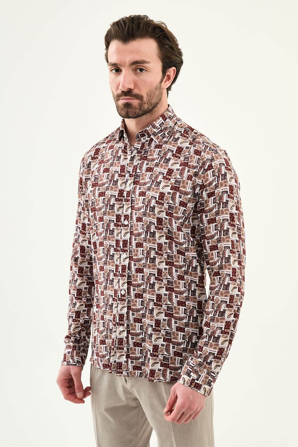 Men’s brown patterned slim fit long sleeve shirt with geometric paisley print and modern smart casual design