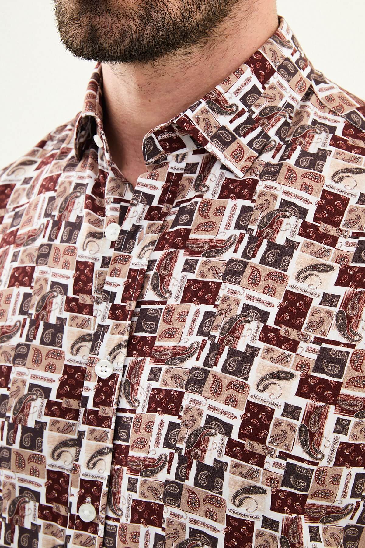 Men’s brown patterned slim fit long sleeve shirt with geometric paisley print and modern smart casual design