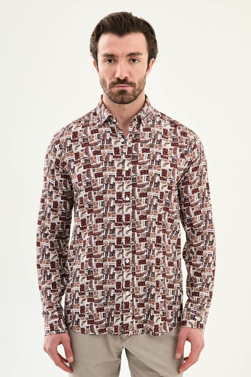 Men’s brown patterned slim fit long sleeve shirt with geometric paisley print and modern smart casual design