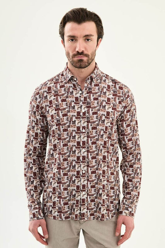 Men’s brown patterned slim fit long sleeve shirt with geometric paisley print and modern smart casual design