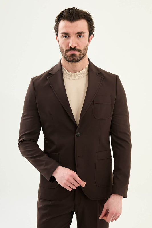 Brown slim fit stretch blazer styled with beige knit, side view