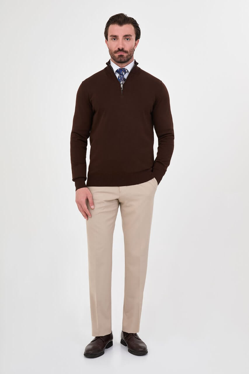 Men's brown zip neck knit sweater slim fit cotton blend pullover for fall winter smart casual style