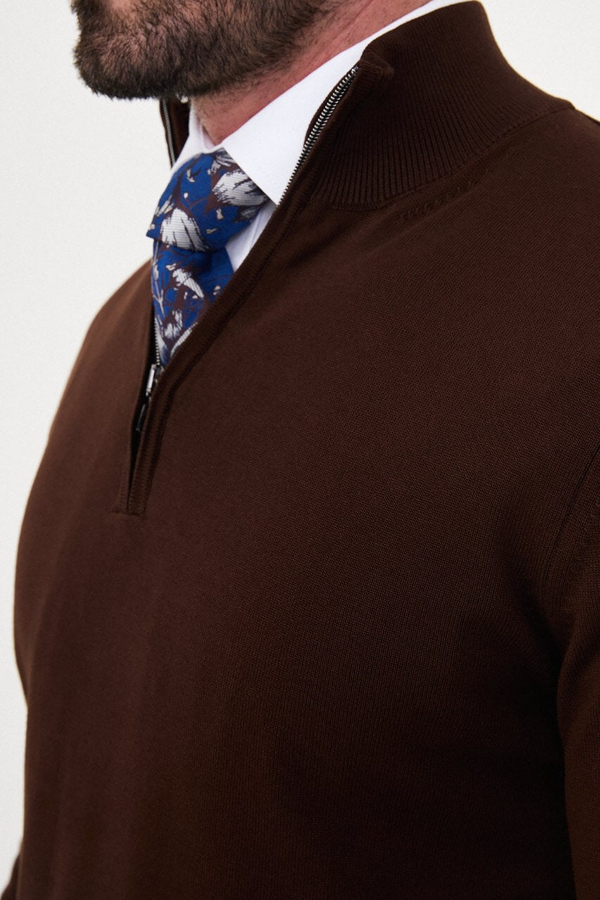 Men's brown zip neck knit sweater slim fit cotton blend pullover for fall winter smart casual style