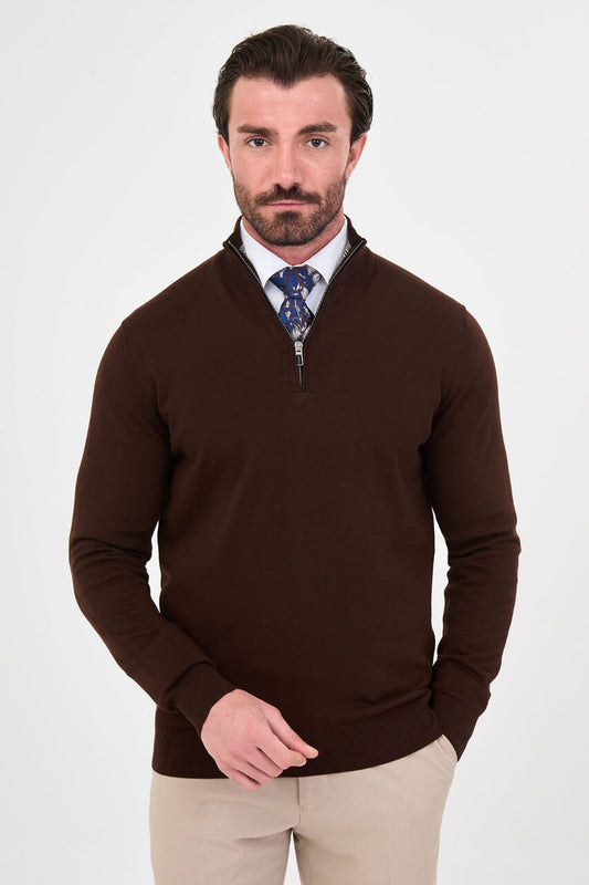 Men's brown zip neck knit sweater slim fit cotton blend pullover for fall winter smart casual style