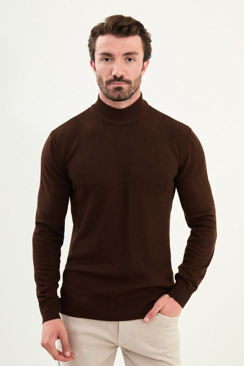 Men’s deep brown slim-fit ribbed mock-neck sweater in cotton-elastane blend with multi-directional ribbing and diagonal chest panels, winter layering knitwear.