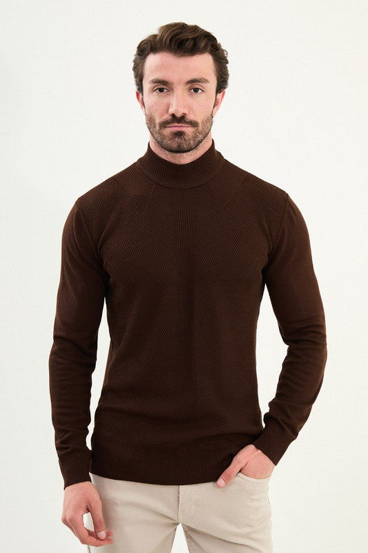 Men’s deep brown slim-fit ribbed mock-neck sweater in cotton-elastane blend with multi-directional ribbing and diagonal chest panels, winter layering knitwear.