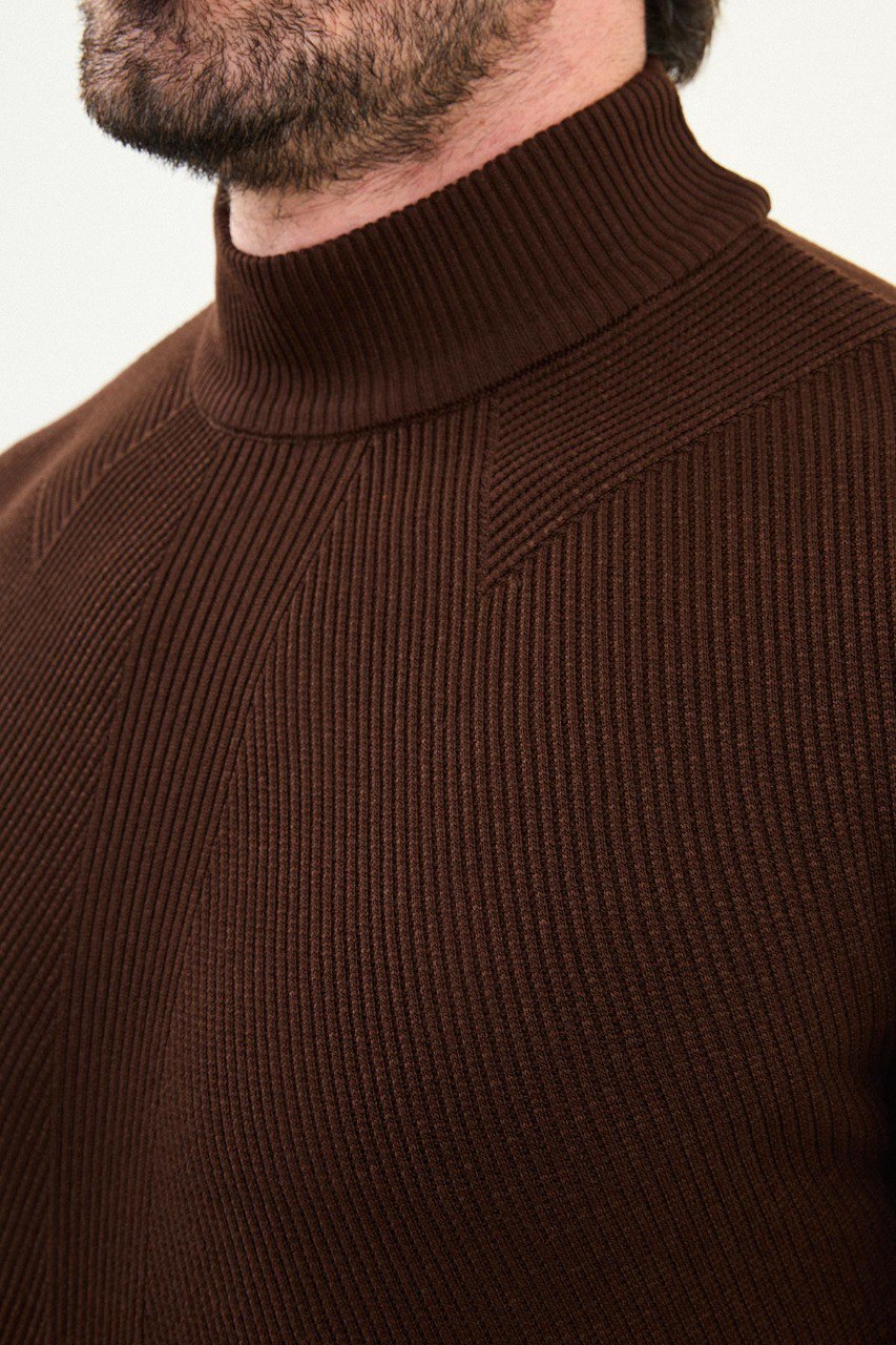Men’s deep brown slim-fit ribbed mock-neck sweater in cotton-elastane blend with multi-directional ribbing and diagonal chest panels, winter layering knitwear.