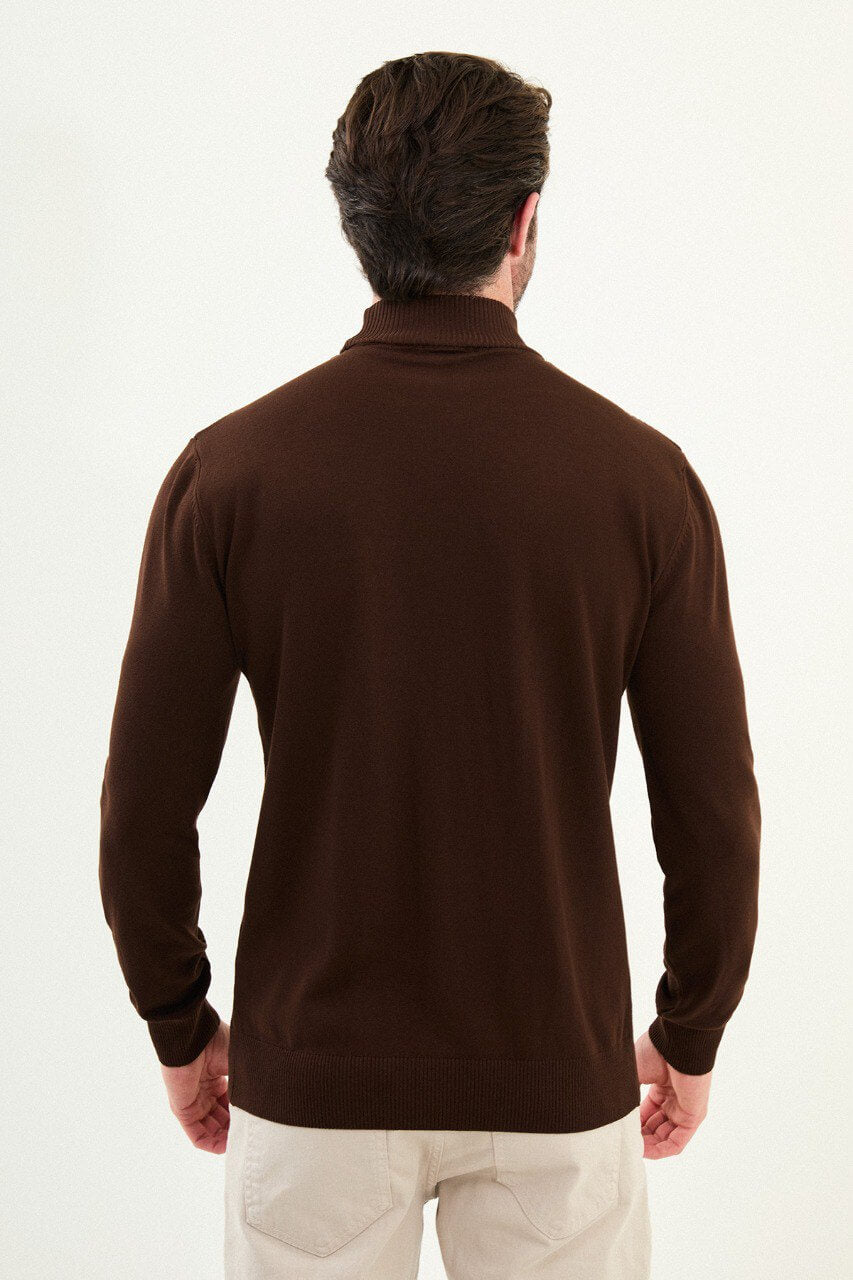 Men’s deep brown slim-fit ribbed mock-neck sweater in cotton-elastane blend with multi-directional ribbing and diagonal chest panels, winter layering knitwear.
