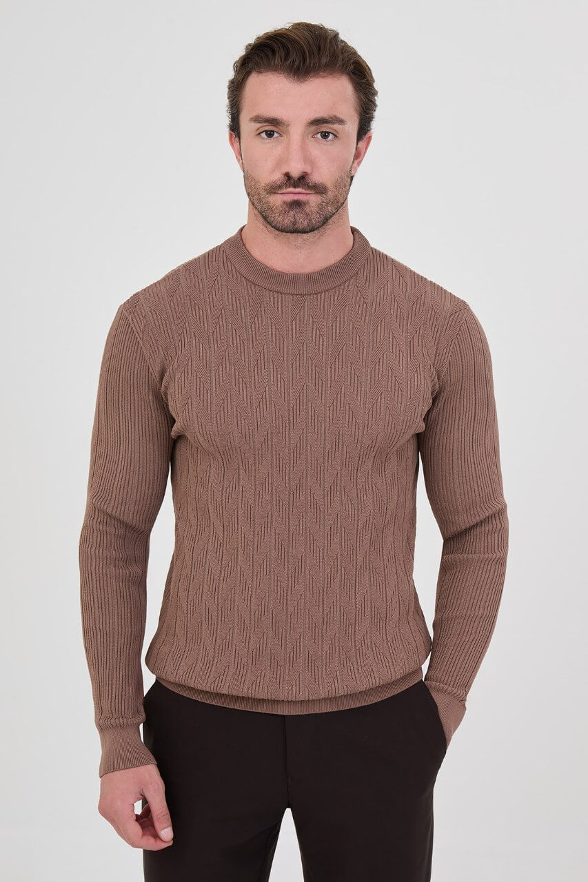Men's light brown textured crew neck knit sweater for fall winter menswear.
