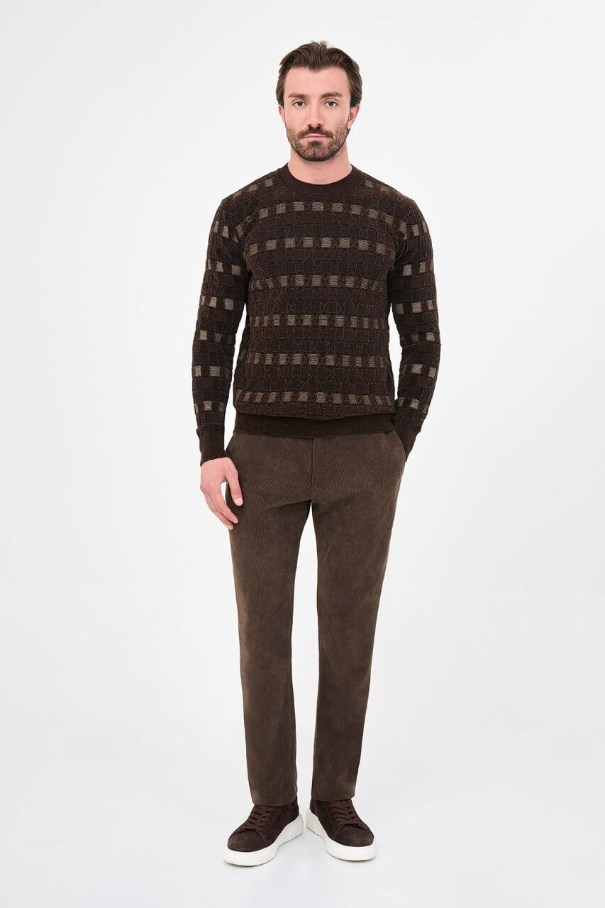 Men's brown textured crew neck knit sweater with patterned design for fall winter menswear.