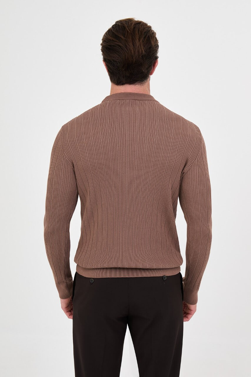 Men's light brown textured crew neck knit sweater for fall winter menswear.