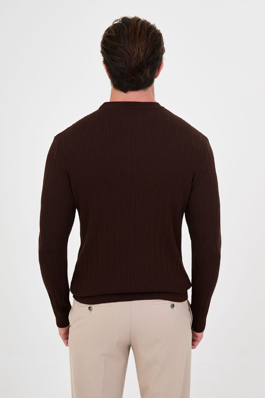 Men's brown textured crew neck knit sweater for fall winter menswear.