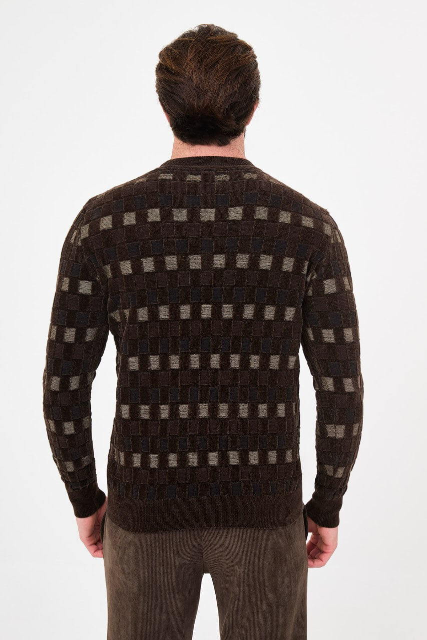 Men's brown textured crew neck knit sweater with patterned design for fall winter menswear.