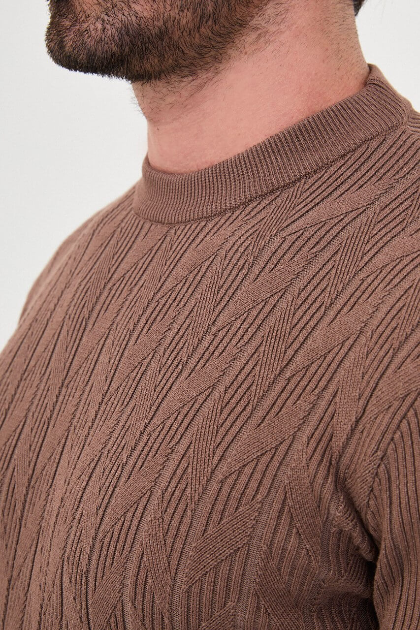 Men's light brown textured crew neck knit sweater for fall winter menswear.