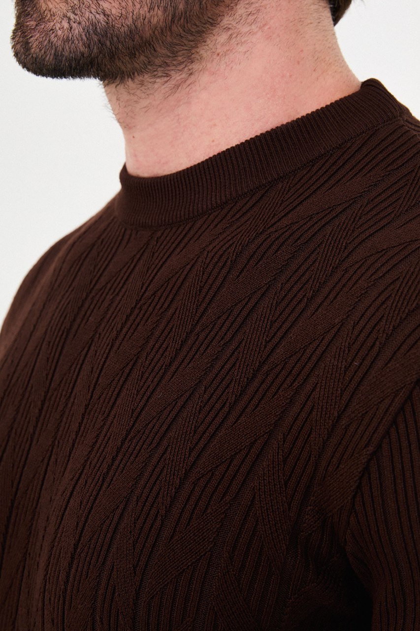 Men's brown textured crew neck knit sweater for fall winter menswear.