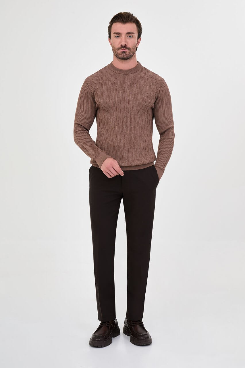 Men's light brown textured crew neck knit sweater for fall winter menswear.