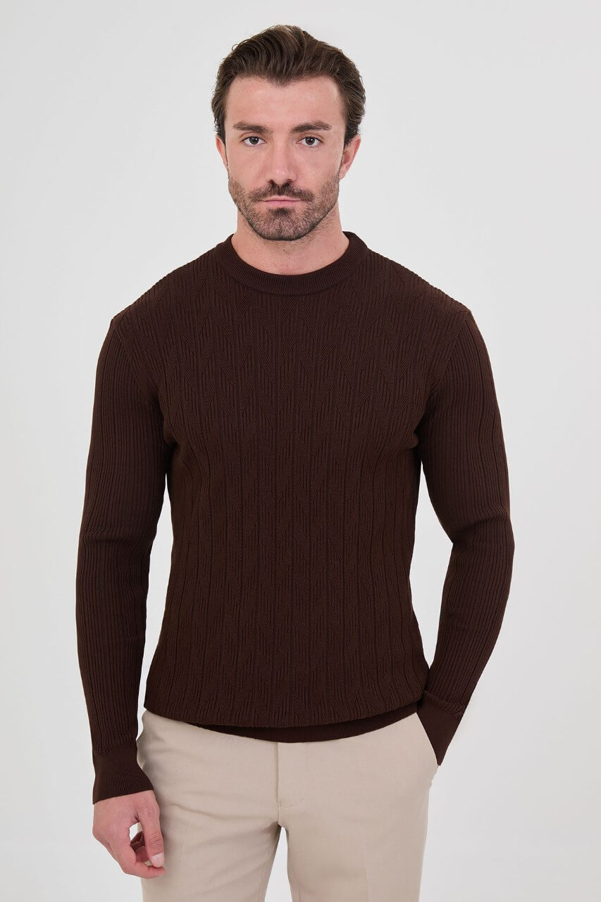 Men's brown textured crew neck knit sweater for fall winter menswear.