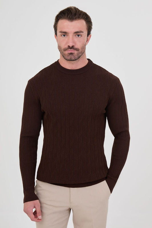 Men's brown textured crew neck knit sweater for fall winter menswear.