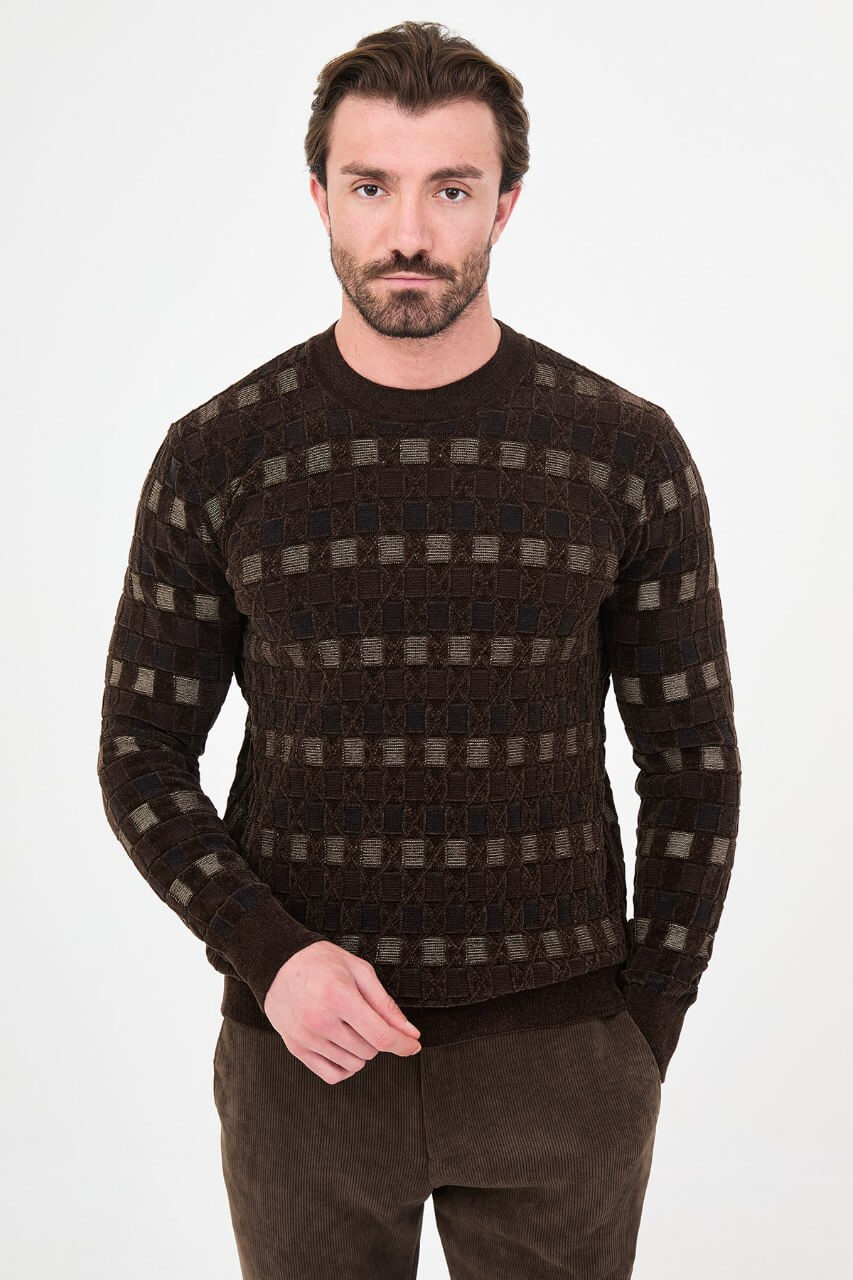 Men's brown textured crew neck knit sweater with patterned design for fall winter menswear.