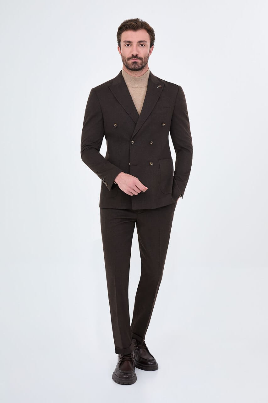 HolloMen men's dark brown double-breasted suit with notch lapels, six-button fastening, and matching trousers.