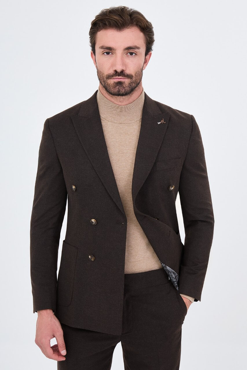HolloMen men's dark brown double-breasted suit with notch lapels, six-button fastening, and matching trousers.