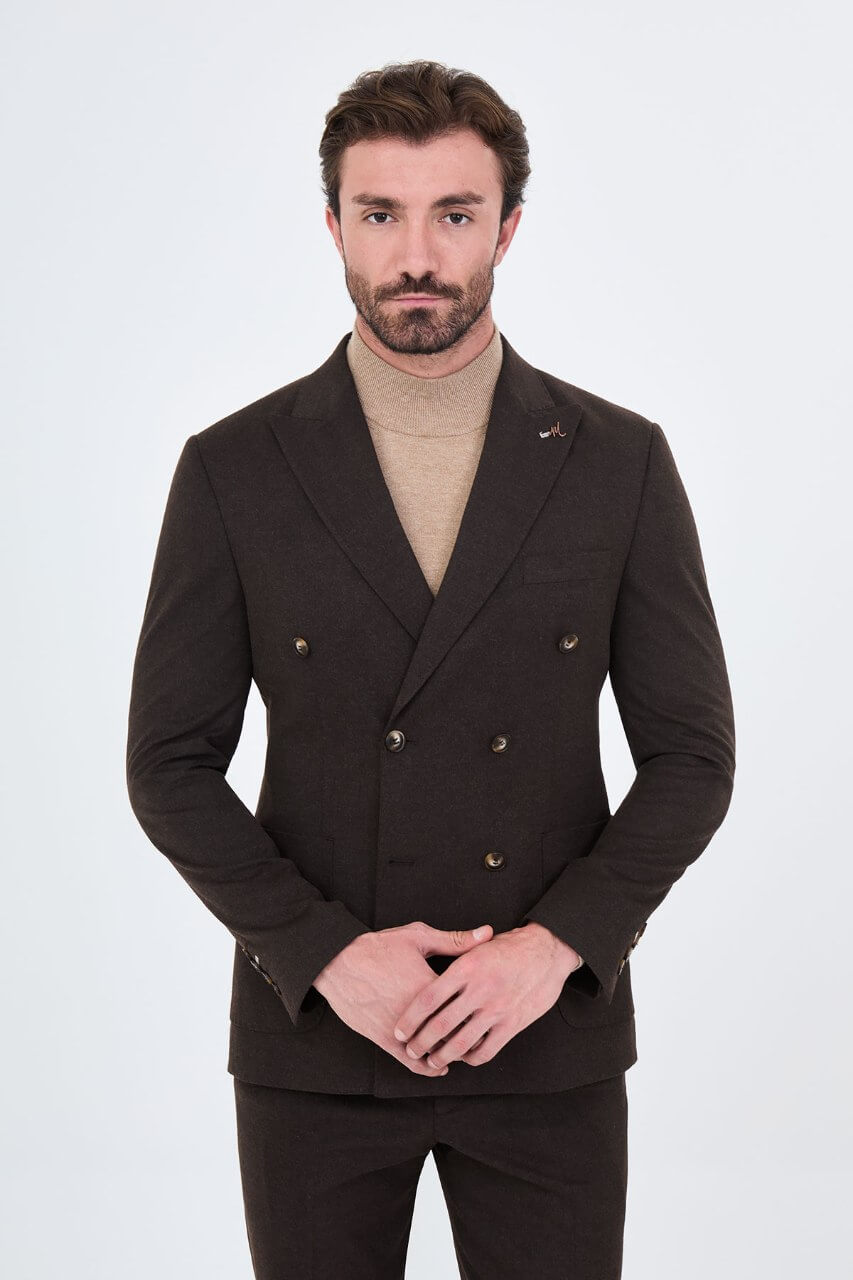 HolloMen men's dark brown double-breasted suit with notch lapels, six-button fastening, and matching trousers.