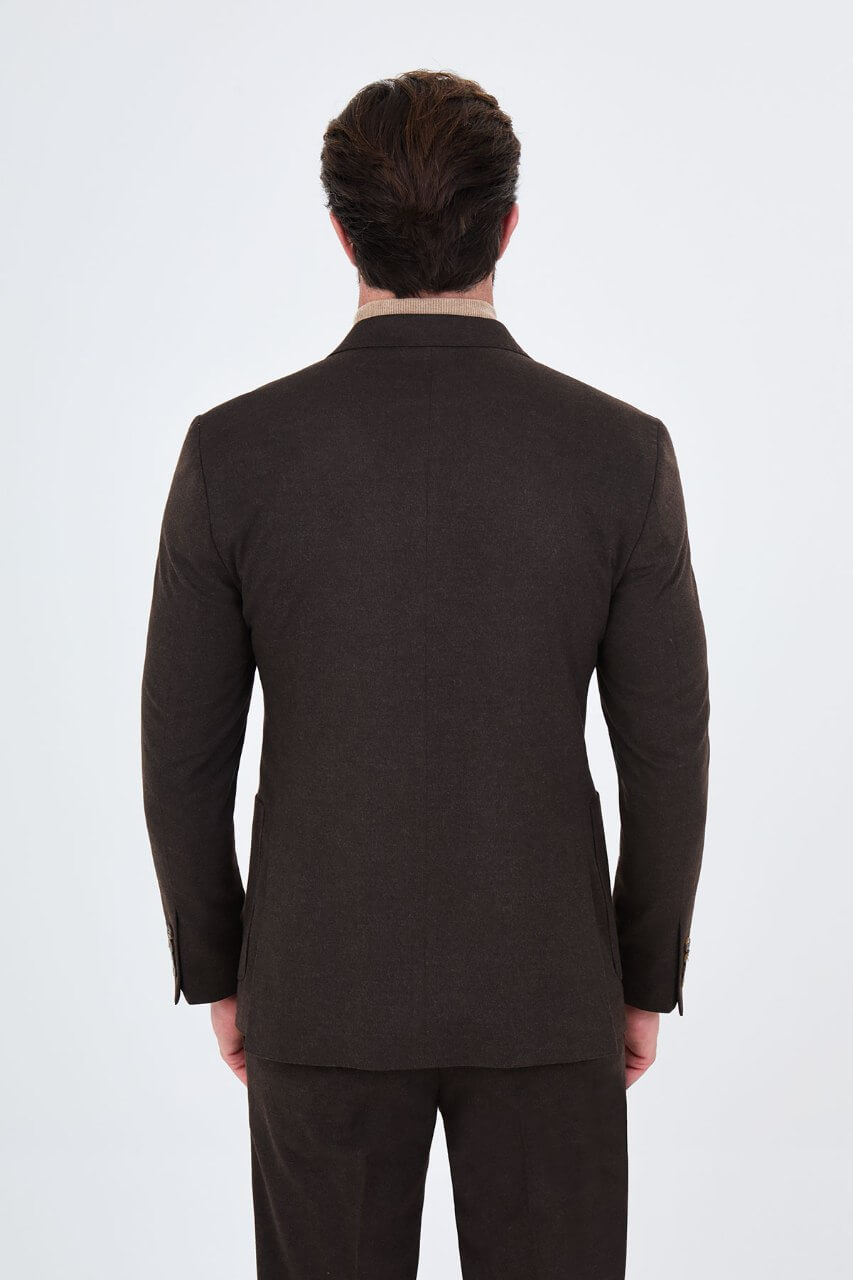 HolloMen men's dark brown double-breasted suit with notch lapels, six-button fastening, and matching trousers.