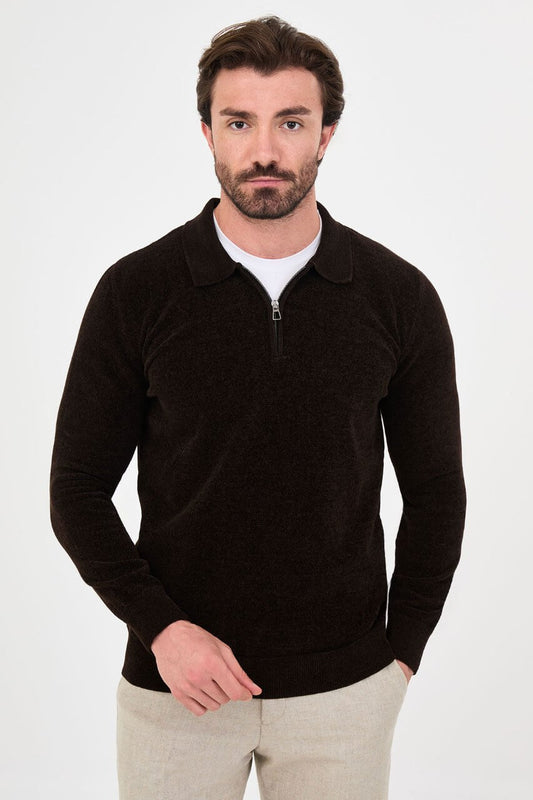 Men’s brown polo neck knit sweater with zip collar detail styled with cream trousers for a smart casual fall winter outfit.