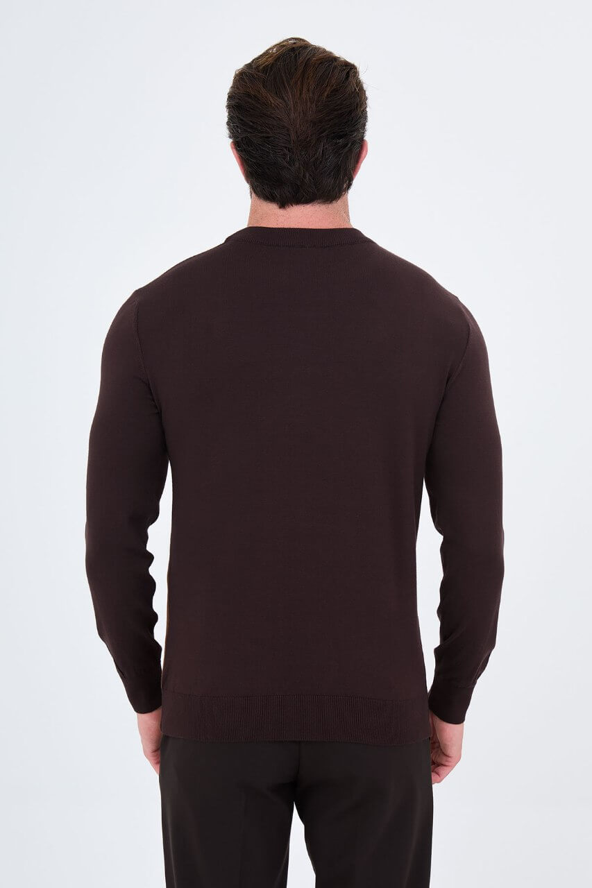 Men's brown crew neck sweater with tan and ecru geometric colour-block panels.