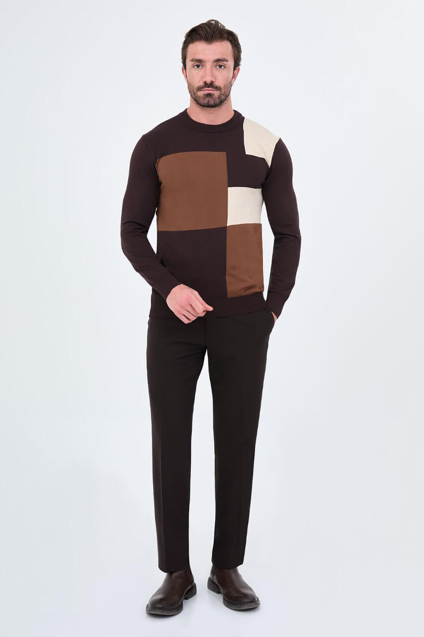 Men's brown crew neck sweater with tan and ecru geometric colour-block panels.