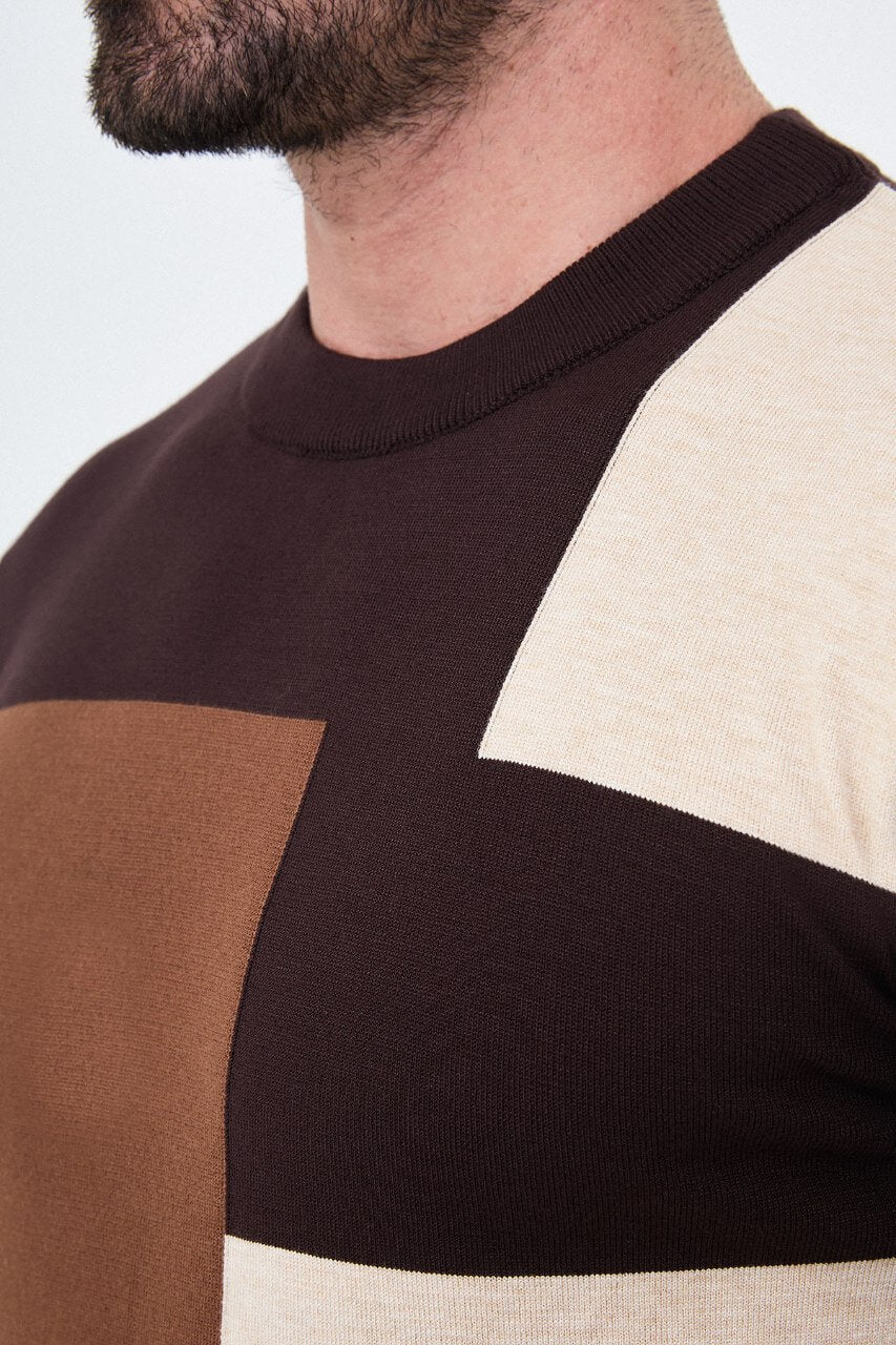 Men's brown crew neck sweater with tan and ecru geometric colour-block panels.