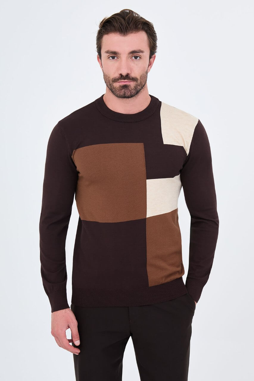 Men's brown crew neck sweater with tan and ecru geometric colour-block panels.