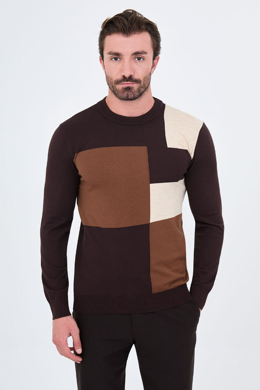 Men's brown crew neck sweater with tan and ecru geometric colour-block panels.