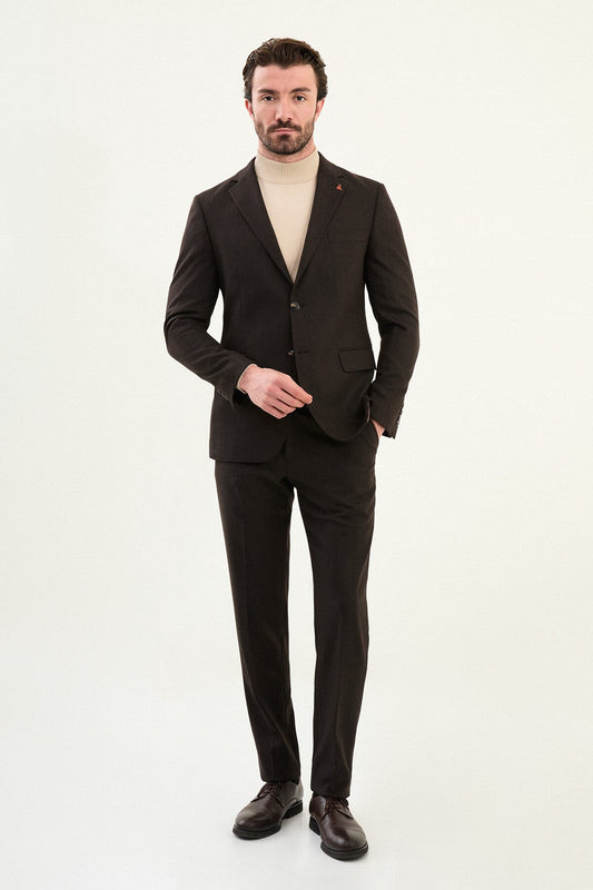 Men’s deep brown slim-fit single-breasted wool-blend suit with notch lapels and matte finish, high-wool fabric with stretch for winter wear, styled with a cream turtleneck for tonal dressing.