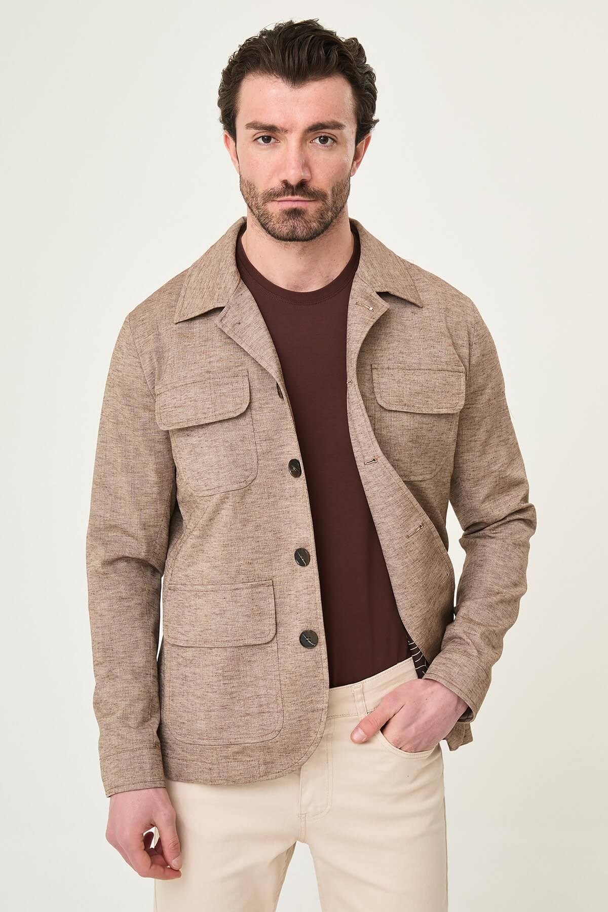 Men’s brown linen cotton slim fit utility jacket with lapel collar and flap pockets