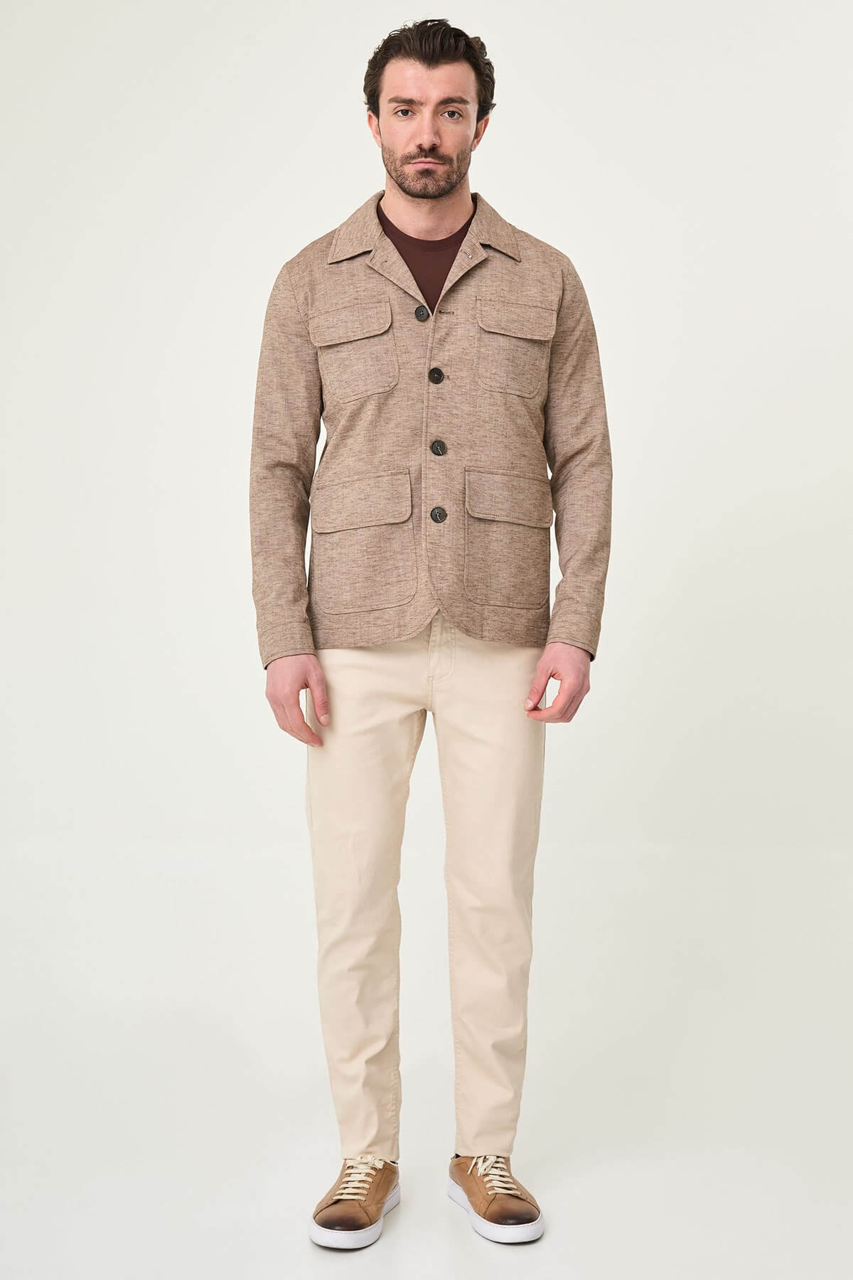 Men’s brown linen cotton slim fit utility jacket with lapel collar and flap pockets