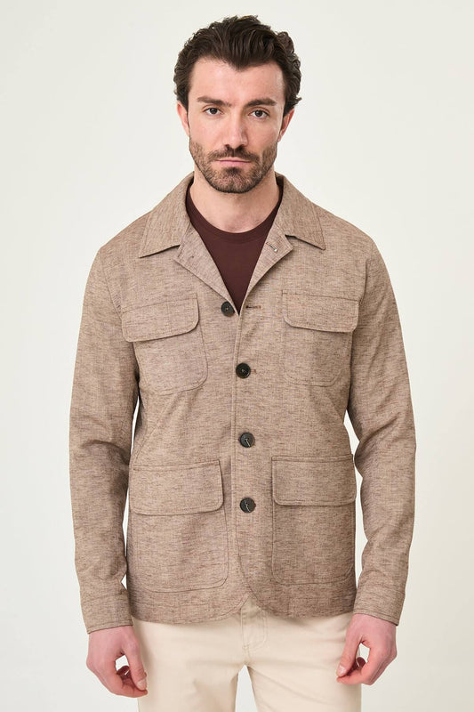 Men’s brown linen cotton slim fit utility jacket with lapel collar and flap pockets