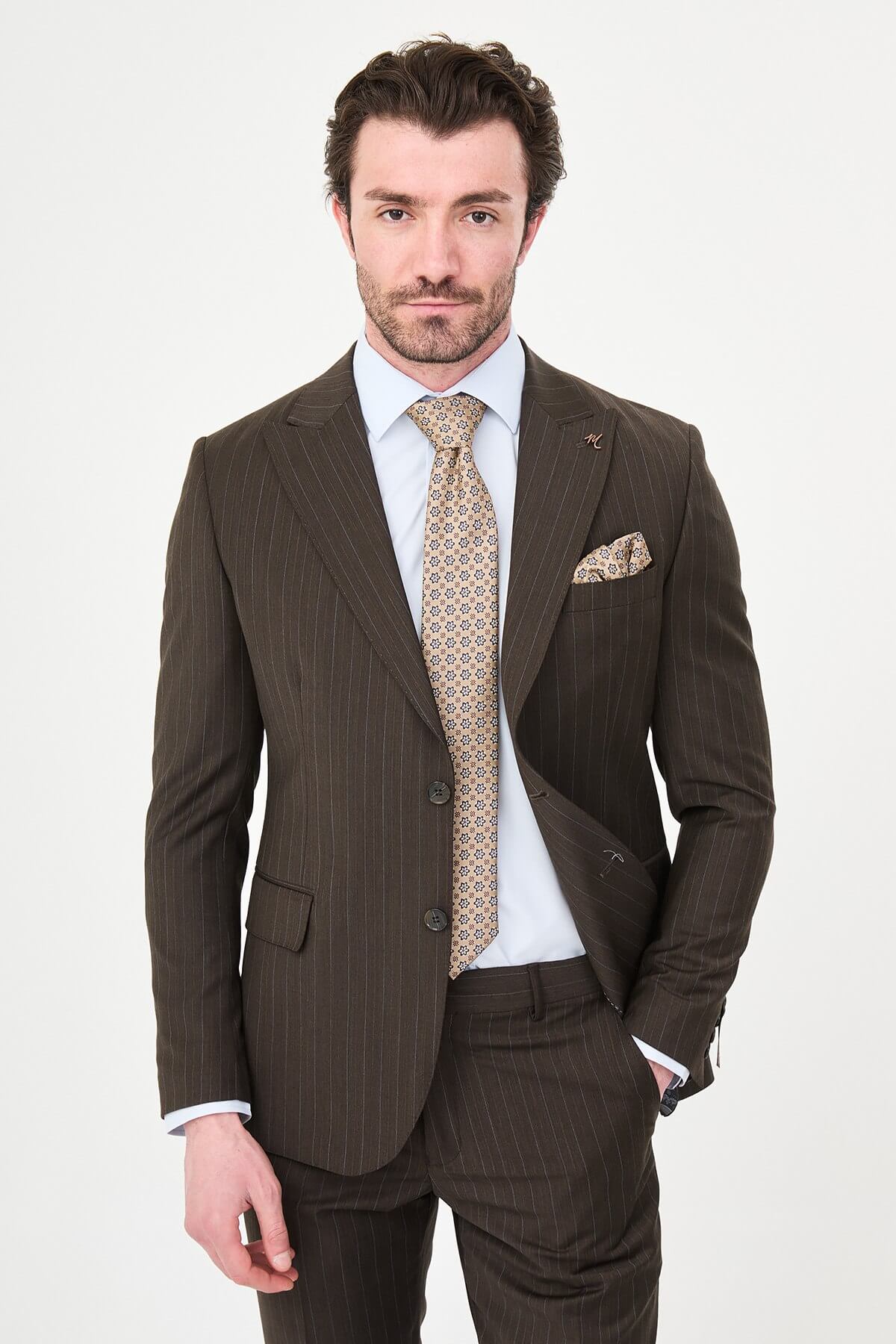 Premium Brown Slim Fit Wool Suit for men.