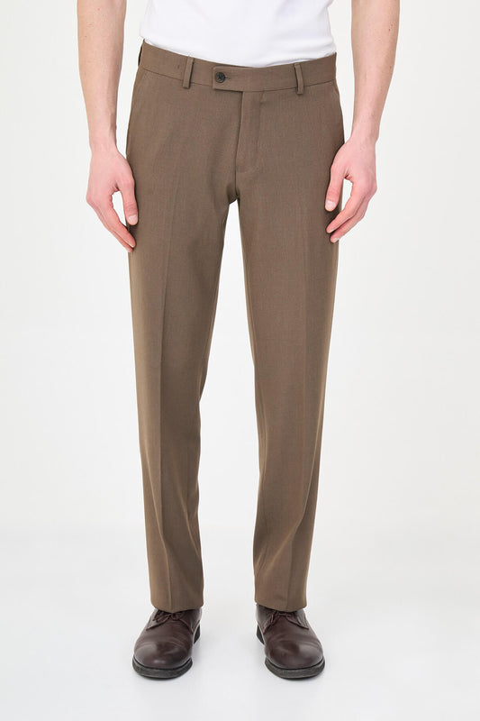 Brown slim-fit formal trousers with front pleats, styled with brown leather shoes, perfect for summer business and semi-formal occasions.