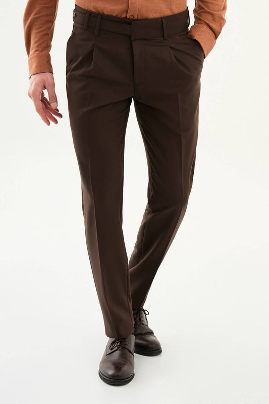 Dark Brown slim-fit straight-leg pleated trousers for men, styled with dress shoes, perfect for summer office and formal occasions.