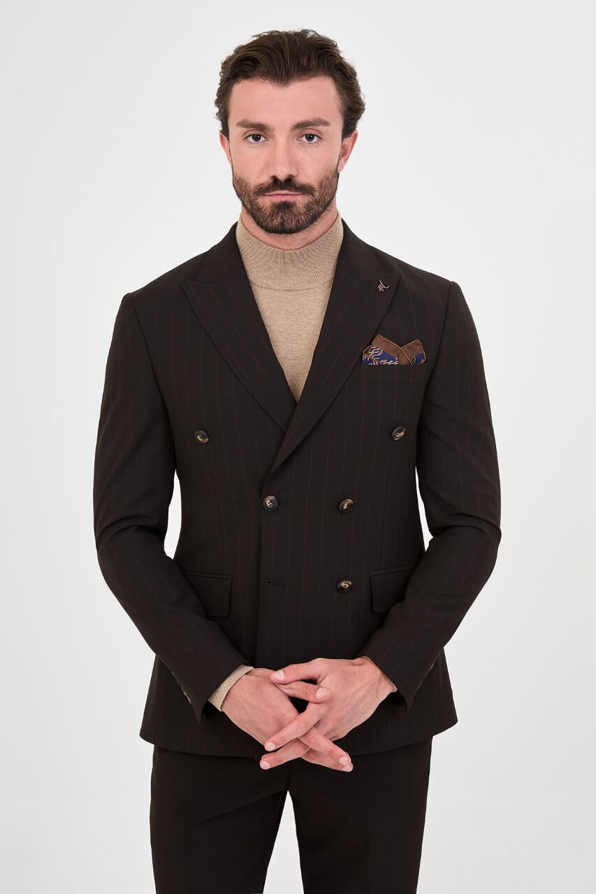 HolloMen men's dark brown pinstripe double-breasted suit featuring peak lapels, six-button fastening, flap pockets, and a patterned pocket square.