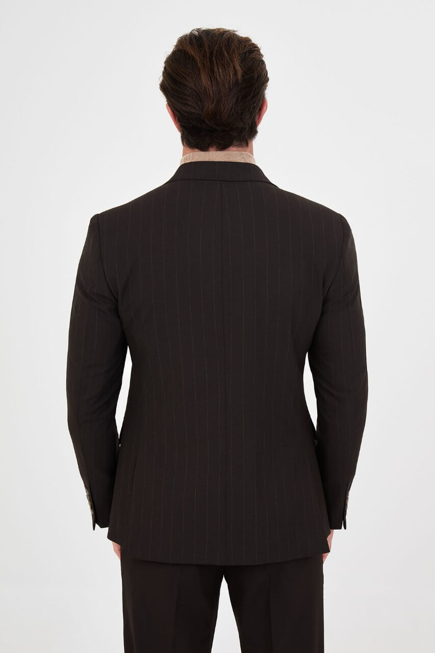 HolloMen men's dark brown pinstripe double-breasted suit featuring peak lapels, six-button fastening, flap pockets, and a patterned pocket square.