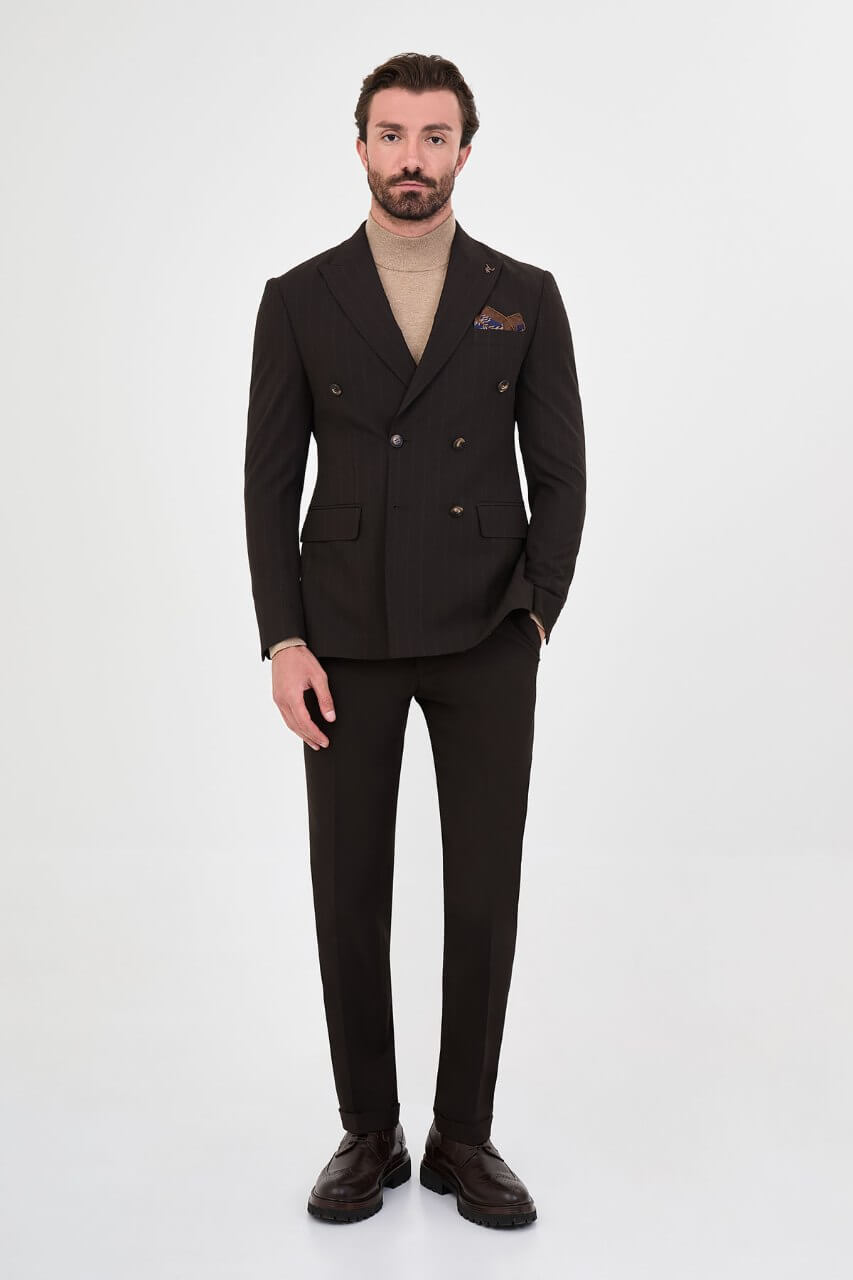 HolloMen men's dark brown pinstripe double-breasted suit featuring peak lapels, six-button fastening, flap pockets, and a patterned pocket square.