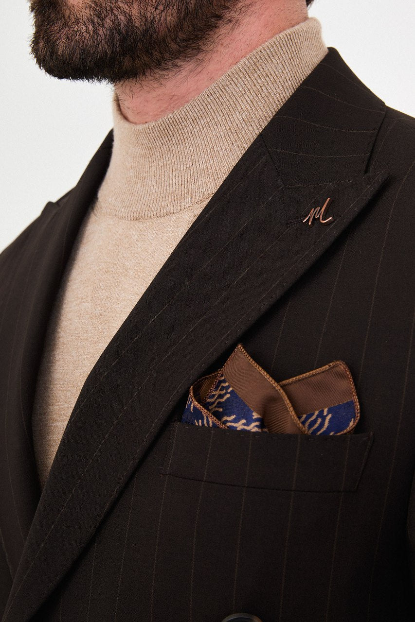 HolloMen men's dark brown pinstripe double-breasted suit featuring peak lapels, six-button fastening, flap pockets, and a patterned pocket square.