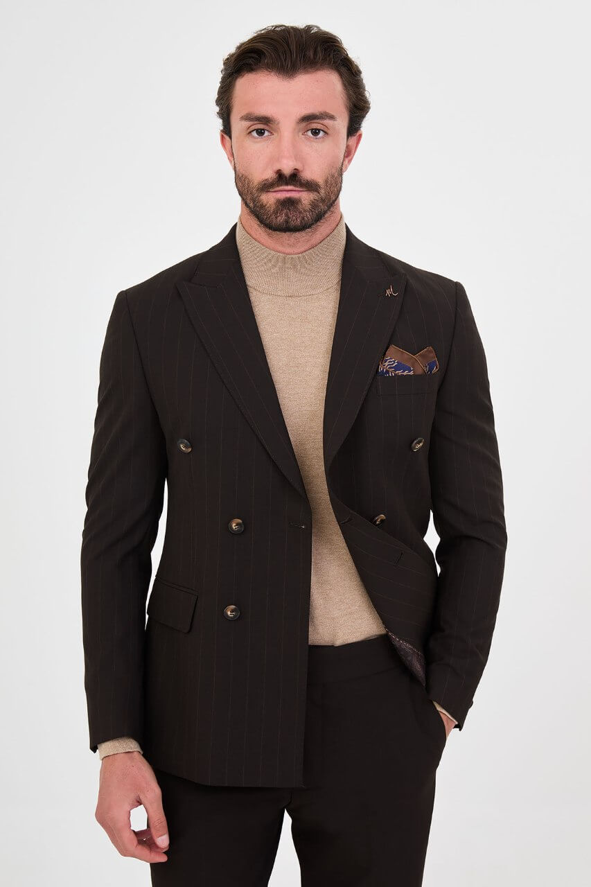 HolloMen men's dark brown pinstripe double-breasted suit featuring peak lapels, six-button fastening, flap pockets, and a patterned pocket square.