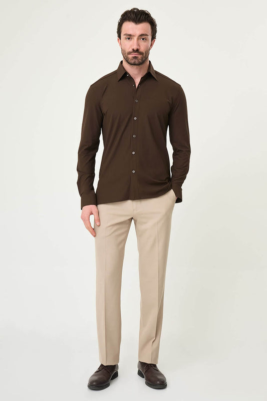 Brown striped slim-fit long sleeve men’s shirt with contrast pocket detail, perfect for summer smart-casual outfits