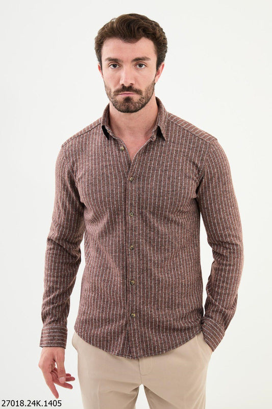 Men's Brown Striped Tile Textured Long-Sleeve Shirt.