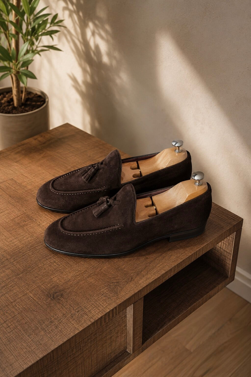 Brown suede loafer for men, top view of suede vamp