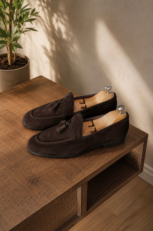 Brown suede loafer for men, top view of suede vamp