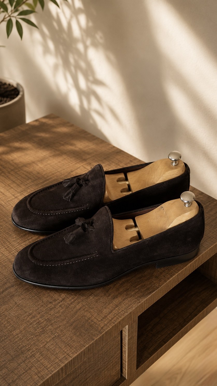 Pair of men's brown suede loafers, smart casual slip-on shoes, full view